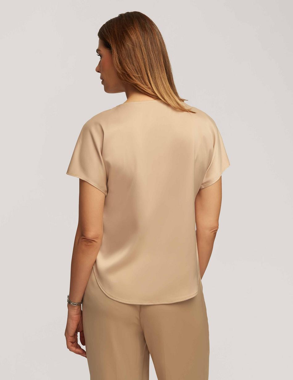 Anne Klein Montreal Satin Short Sleeve Blouse With Bateau Neck Tops Beige | LAUTR49080