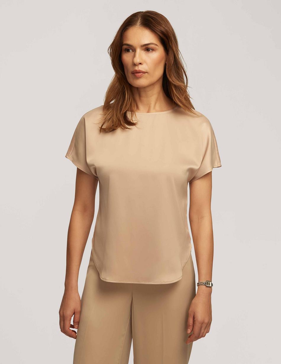 Anne Klein Montreal Satin Short Sleeve Blouse With Bateau Neck Tops Beige | LAUTR49080