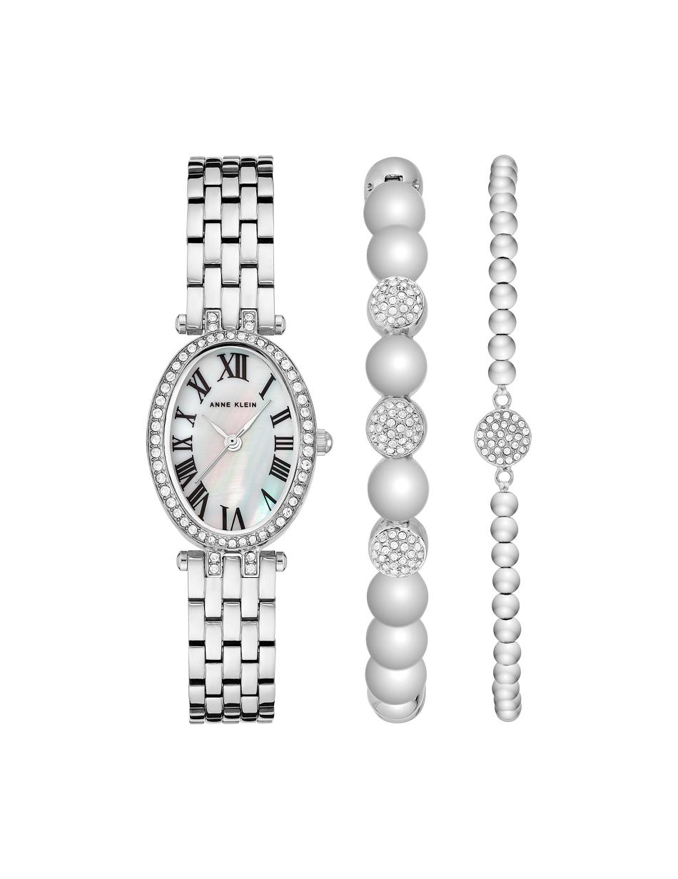 Anne Klein Oval Watch and Bracelet with Premium Crystals Sets Silver | GAUEC13479