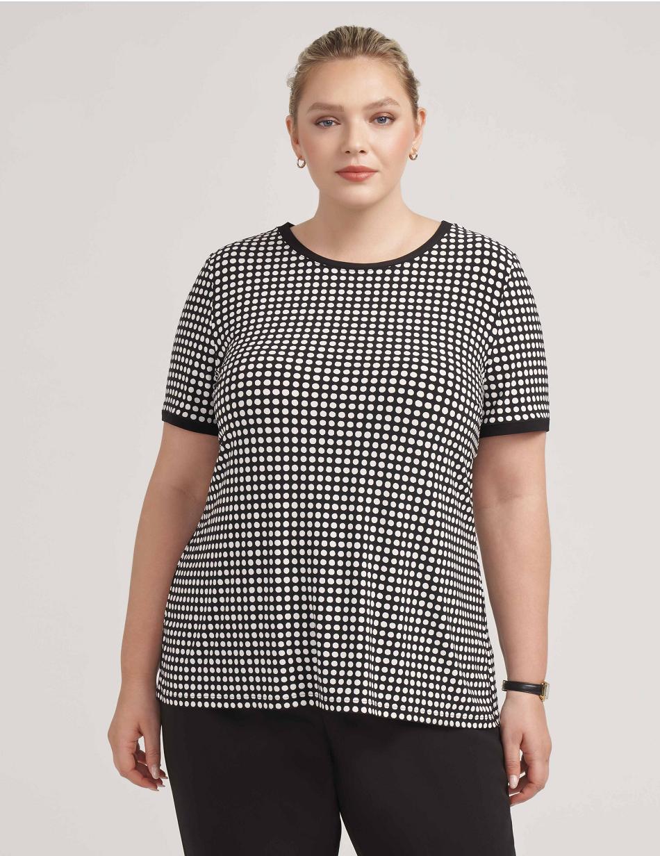 Anne Klein Pearly Dot Print Ity Button Back Top Plus Size Black / White | ZAUMJ60495