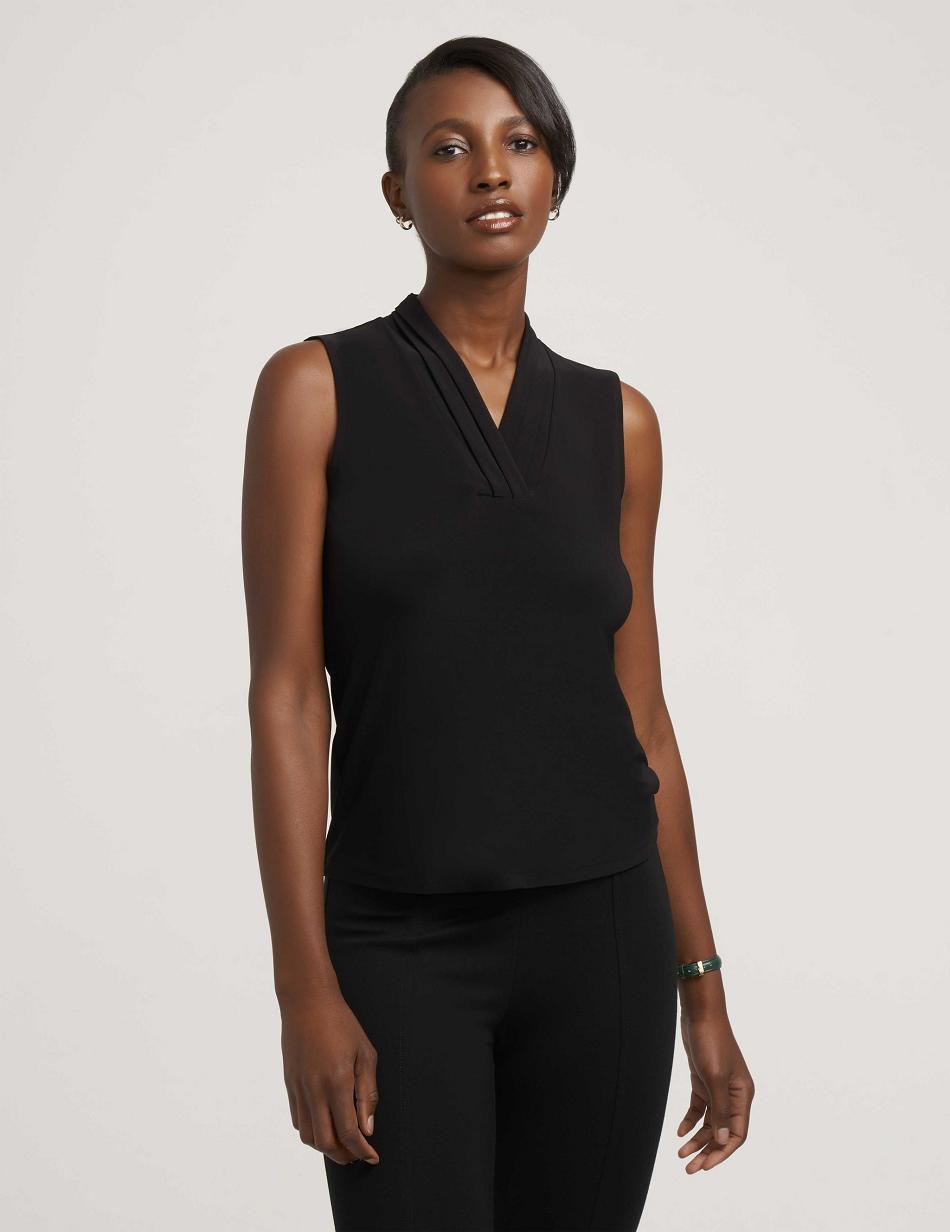 Anne Klein Petite V-Neck Triple Pleat Top Tops Black | AUJBT57251