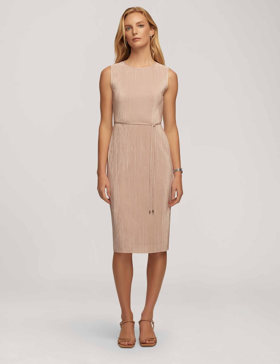 Anne Klein Pleated With Tie Waist Dress Beige | AUJKU16152