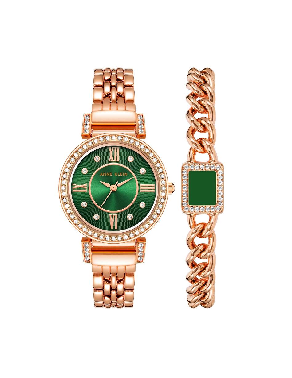 Anne Klein Premium Crystal Watch and Bracelet Sets Green / Rose / Gold | AUJKU20469