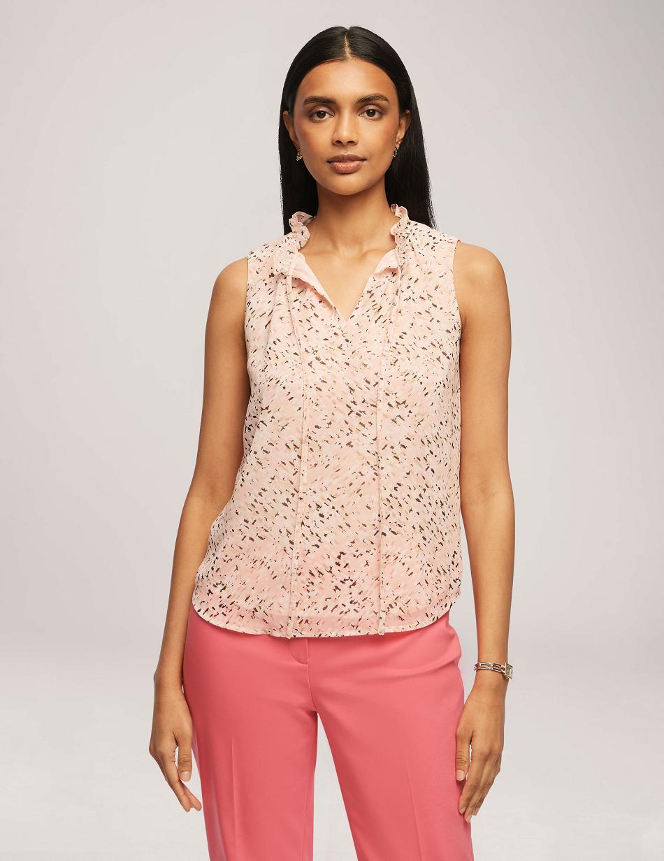 Anne Klein Printed Chiffon Sleeveless Tulla Blouse Tops Pink / Multicolor | FAUUI43093