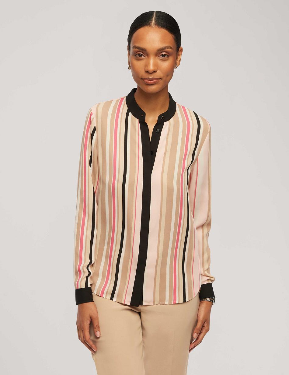 Anne Klein Printed Collarless Oxford Top Tops Pink / Multicolor | AUIIZ81153