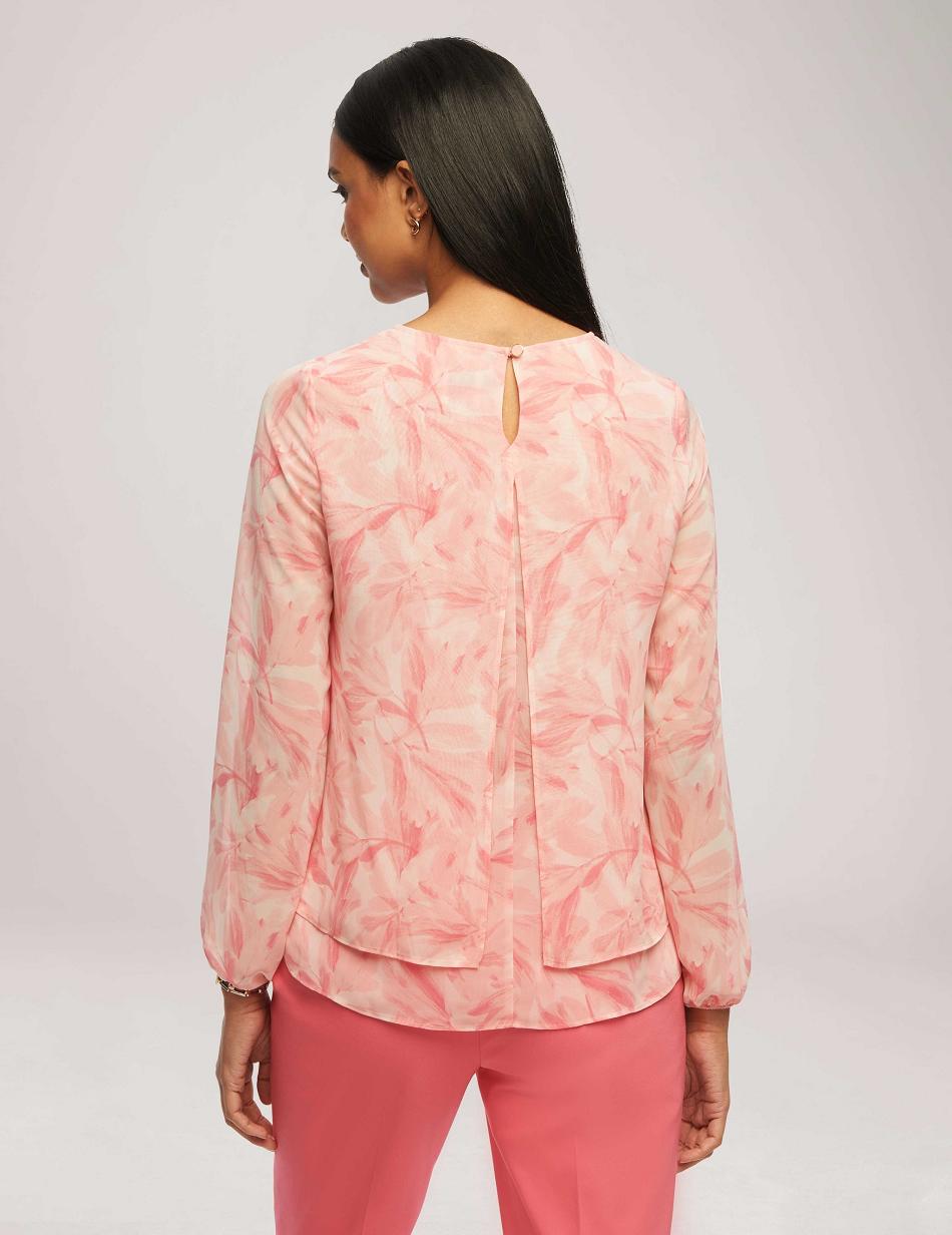 Anne Klein Printed Long Sleeve Double Layer Blouse Tops Pink / Multicolor | AUXMI15346