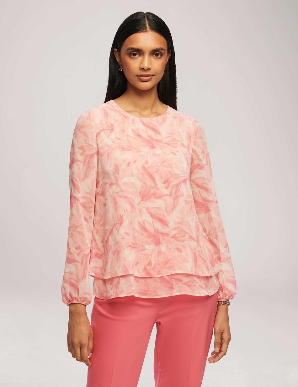 Anne Klein Printed Long Sleeve Double Layer Blouse Tops Pink / Multicolor | AUXMI15346