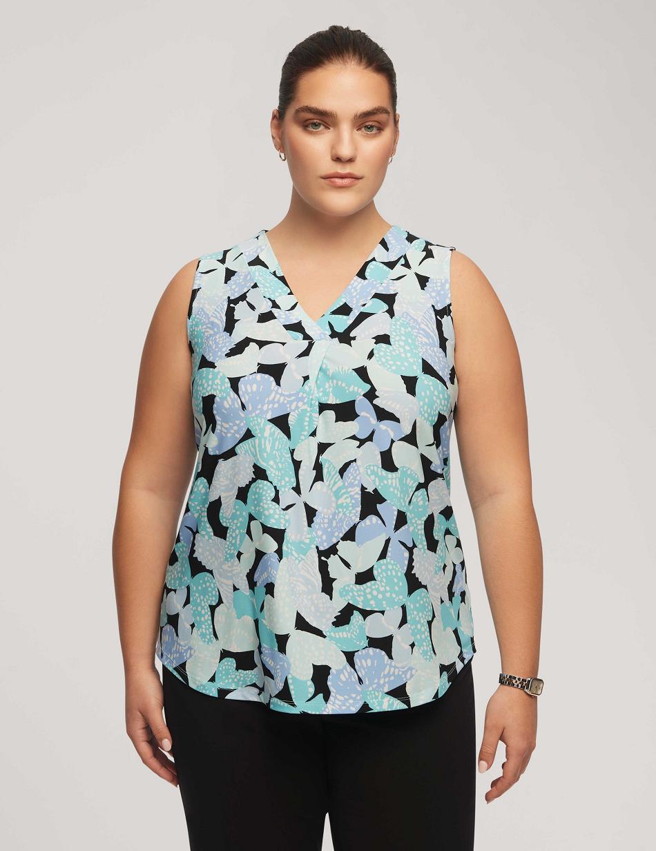 Anne Klein Printed Pleat Front Shell Plus Size Blue / Multicolor | MAUHR82914