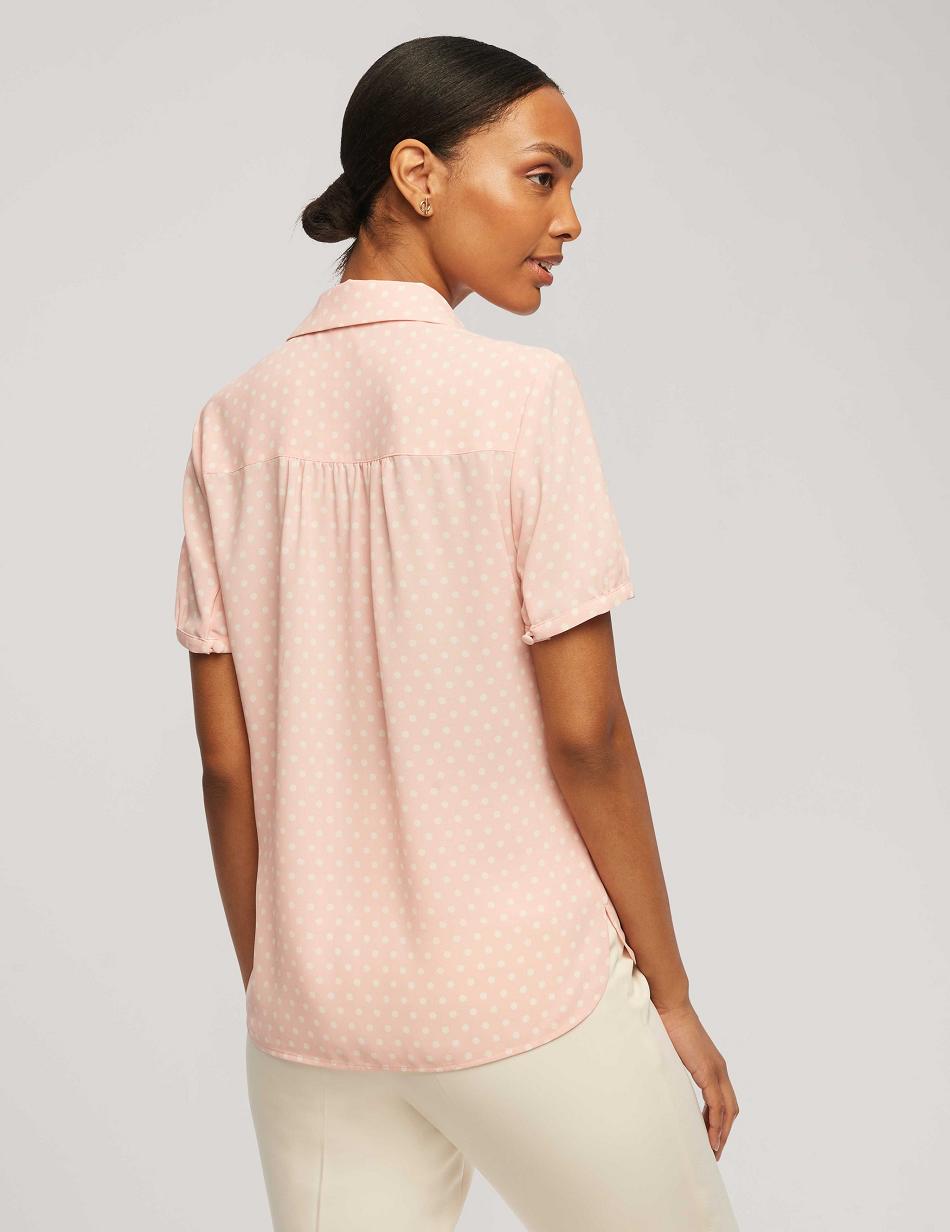 Anne Klein Printed Short Sleeve Button-Up Blouse Tops Pink / White | FAUUI93904