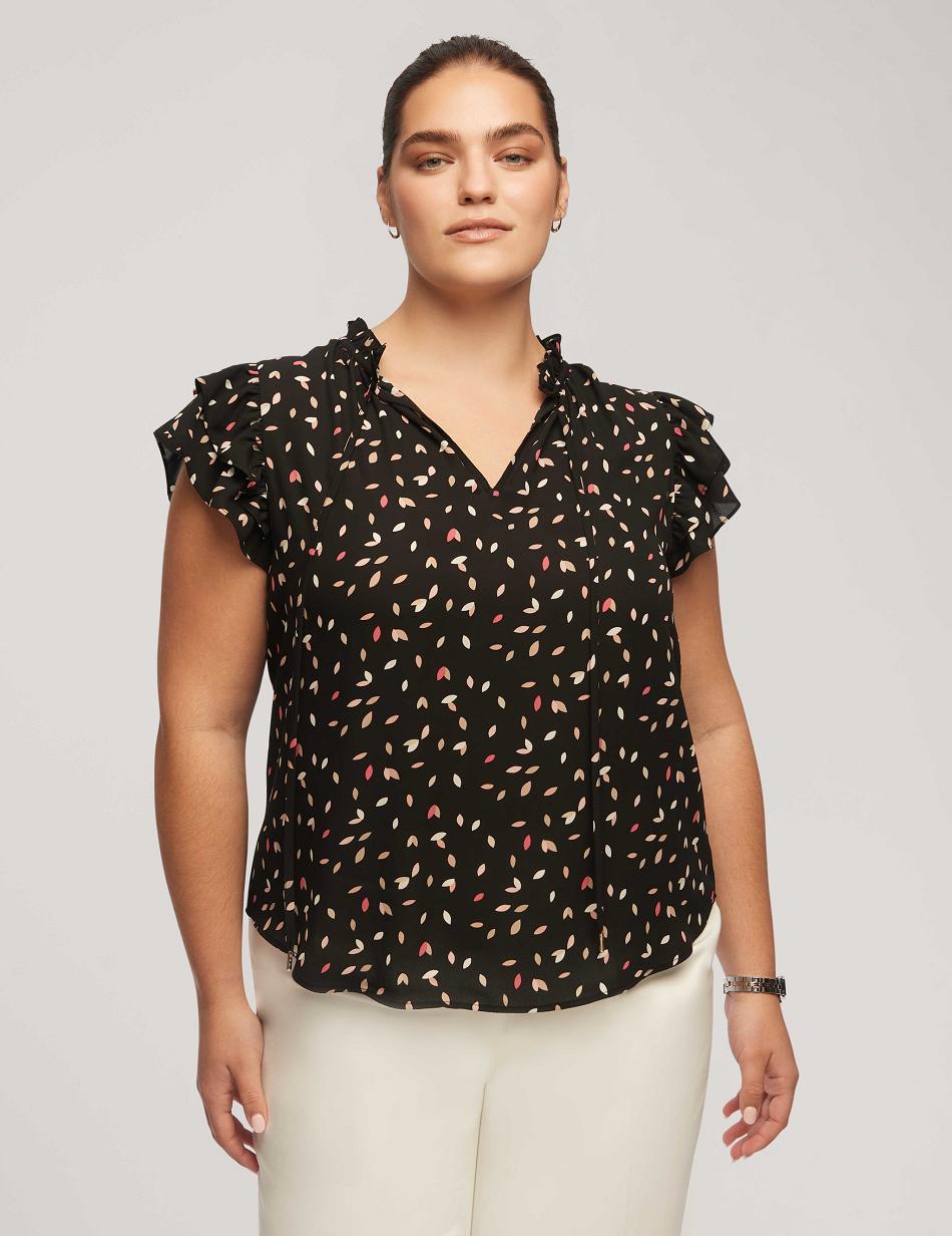 Anne Klein Printed Sleeveless Ruffle Tie Blouse Plus Size Black / Multicolor | GAUEC98187