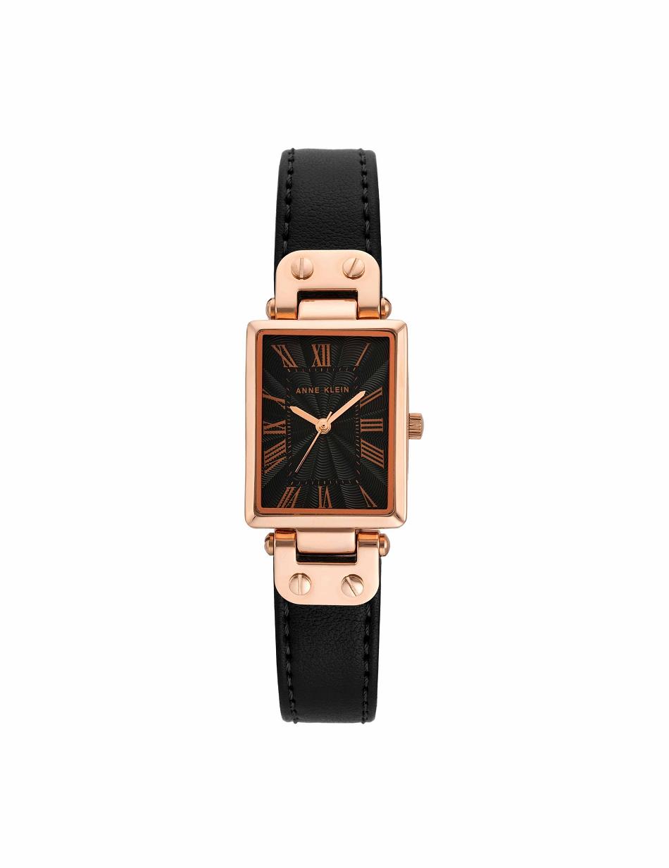 Anne Klein Rectangular Case Strap Watch Leather Black / Rose / Gold | AUZPD68350