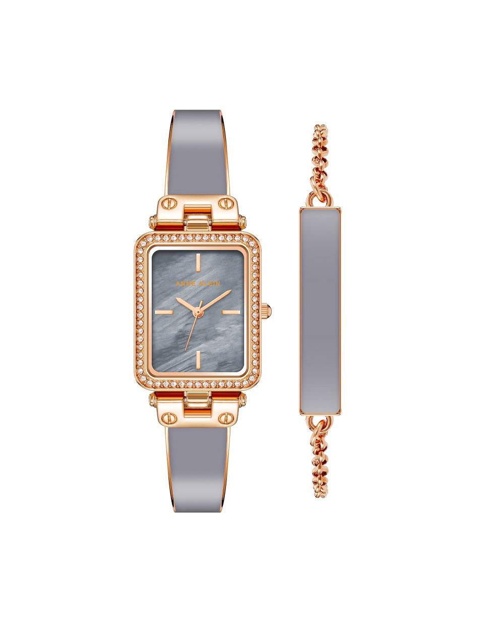 Anne Klein Rectangular Case Watch and Bracelet Set Metals Grey / Rose / Gold | AUJBT49184