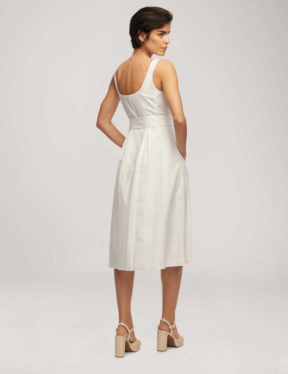 Anne Klein Seersucker Topsitch Midi With Pleats Dress White | GAUEC98631