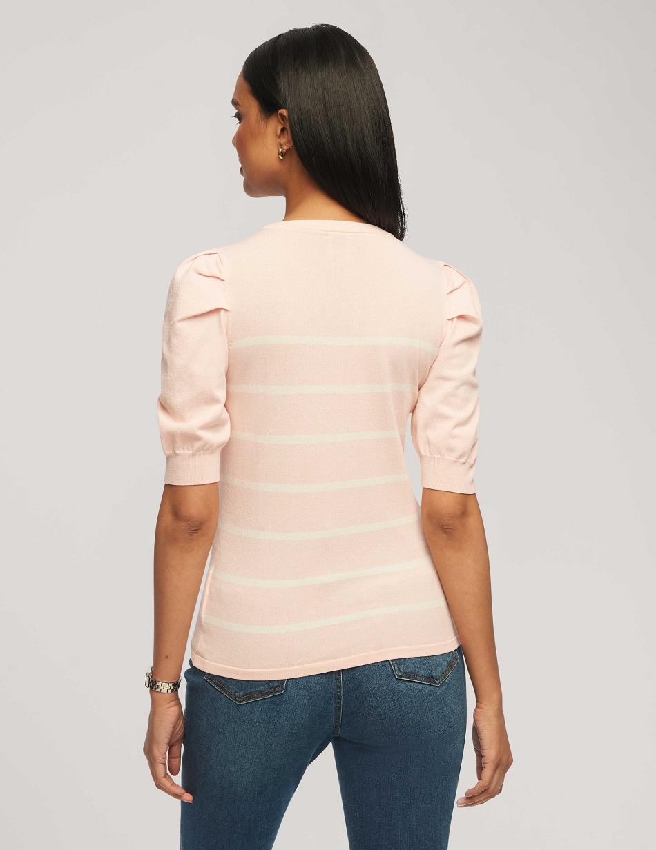 Anne Klein Short Puff Sleeve Crew Neck With Stripes Tops Pink / White | AUDFL15151