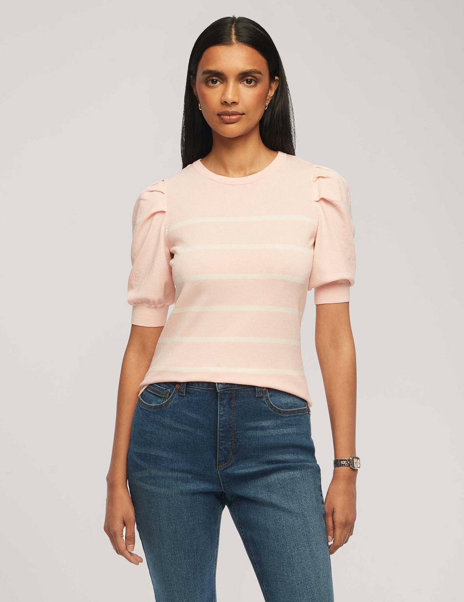 Anne Klein Short Puff Sleeve Crew Neck With Stripes Tops Pink / White | AUDFL15151