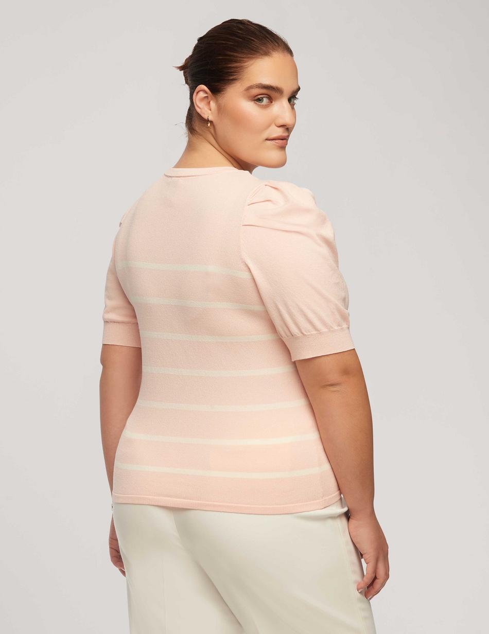 Anne Klein Short Puff Sleeve Crew Neck With Stripes Plus Size Pink / White | AUEGJ99428