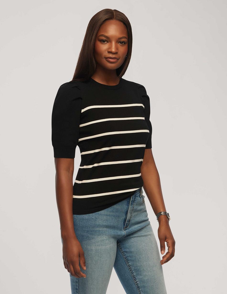 Anne Klein Short Puff Sleeve Crew Neck With Stripes Tops Black / White | ZAUMJ53254