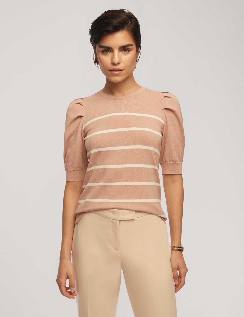 Anne Klein Short Puff Sleeve Crew Neck With Stripes Tops Pink / White | ZAUMJ71362