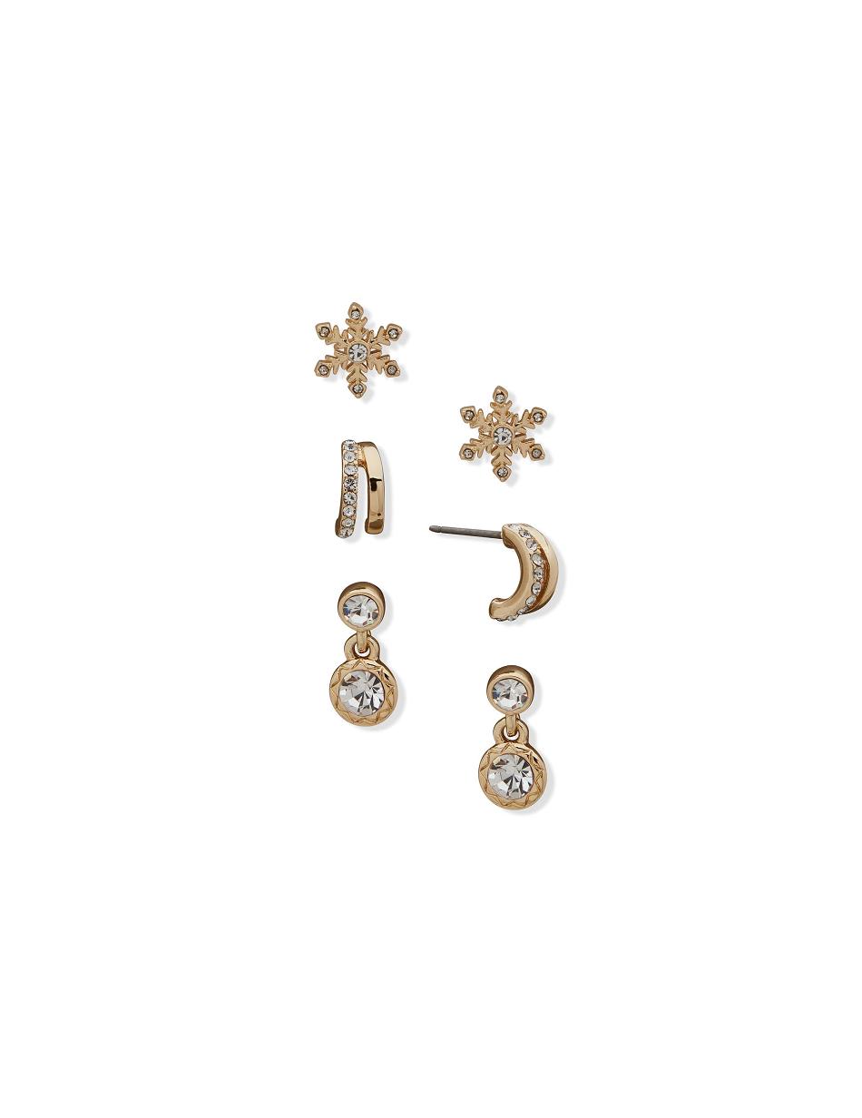 Anne Klein Snowflake Drop and C Hoop Pierced Earring Trio in Gift Box Jewelry Sets Gold | MAUHR78337