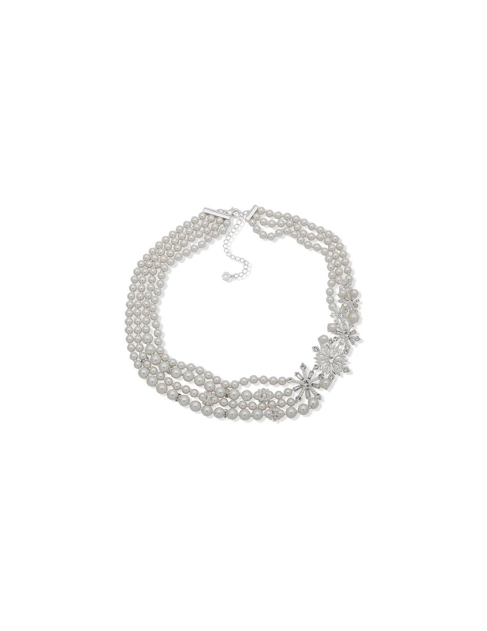 Anne Klein Snowflake Faux Pearl Multirow Necklace Silver | AUCVG83301