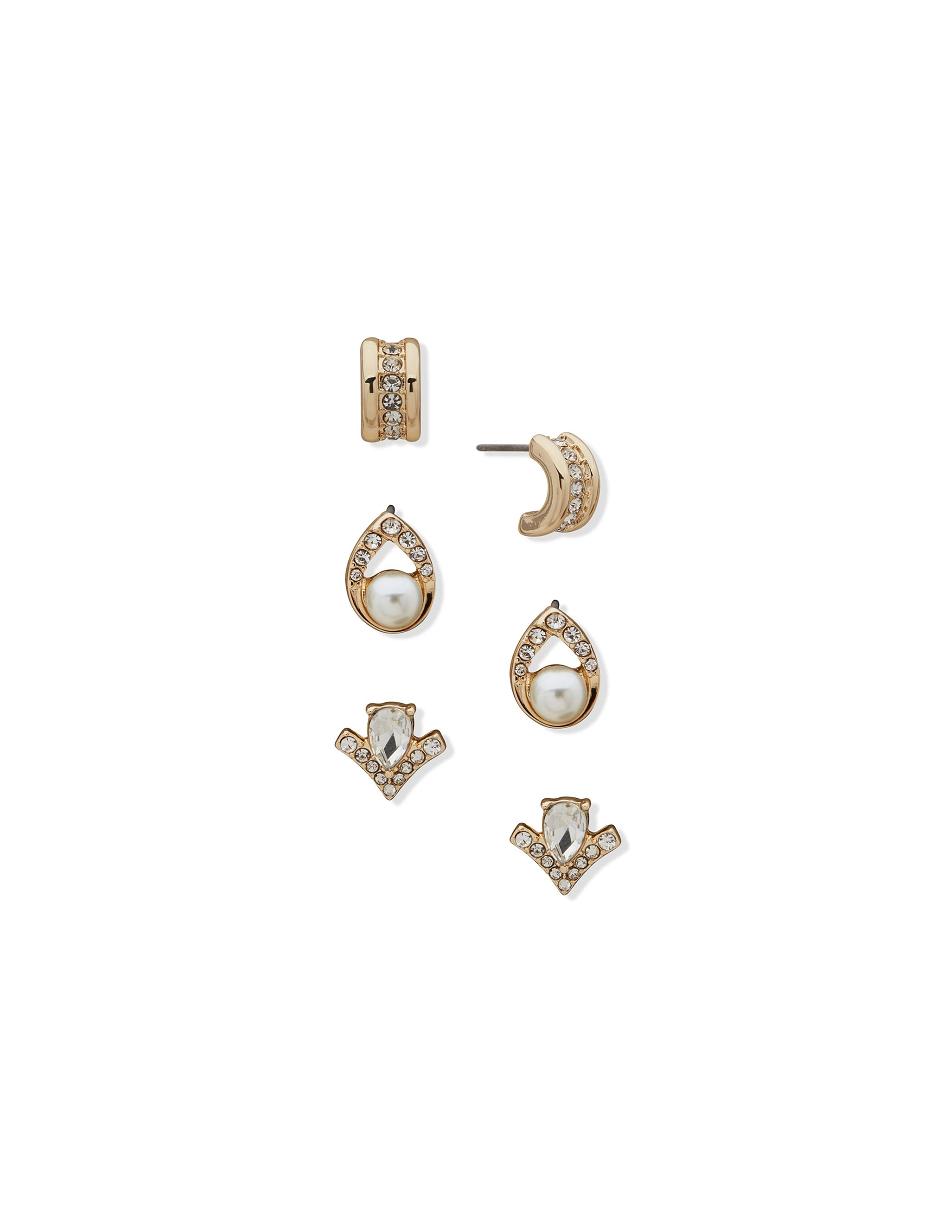 Anne Klein Stud Button and C Hoop Pierced Earring Trio in Gift Box Jewelry Sets Gold | EAUVG64440