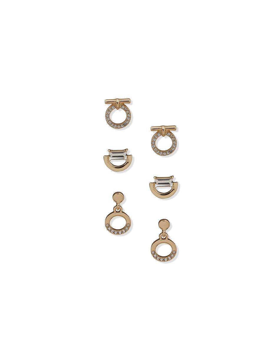 Anne Klein Stud Drop and Circle Pave Pierced Earring Trio in Gift Box Jewelry Sets Gold | FAUUI42292