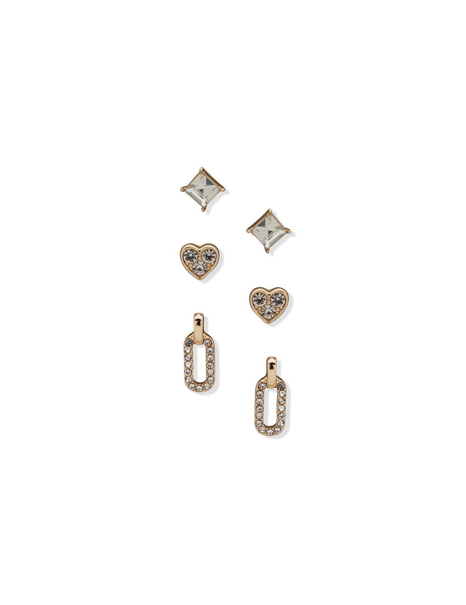 Anne Klein Stud Heart and Link Drop Pierced Earring Trio in Gift Box Jewelry Sets Gold | TAUWZ53050