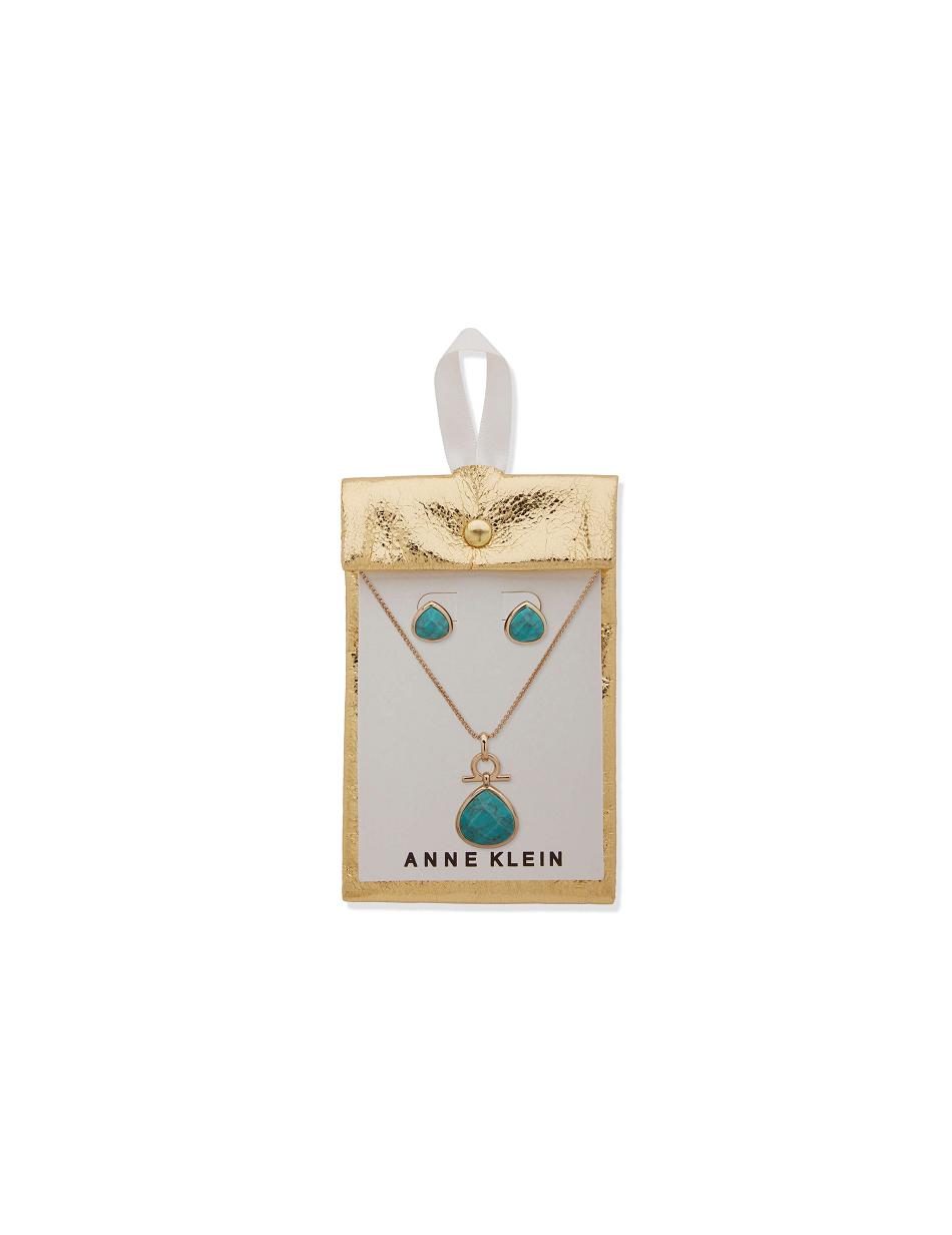 Anne Klein Tear Drop Pendant Necklace and Earring Set in Pouch Jewelry Sets Gold / Blue | AUEGJ42583