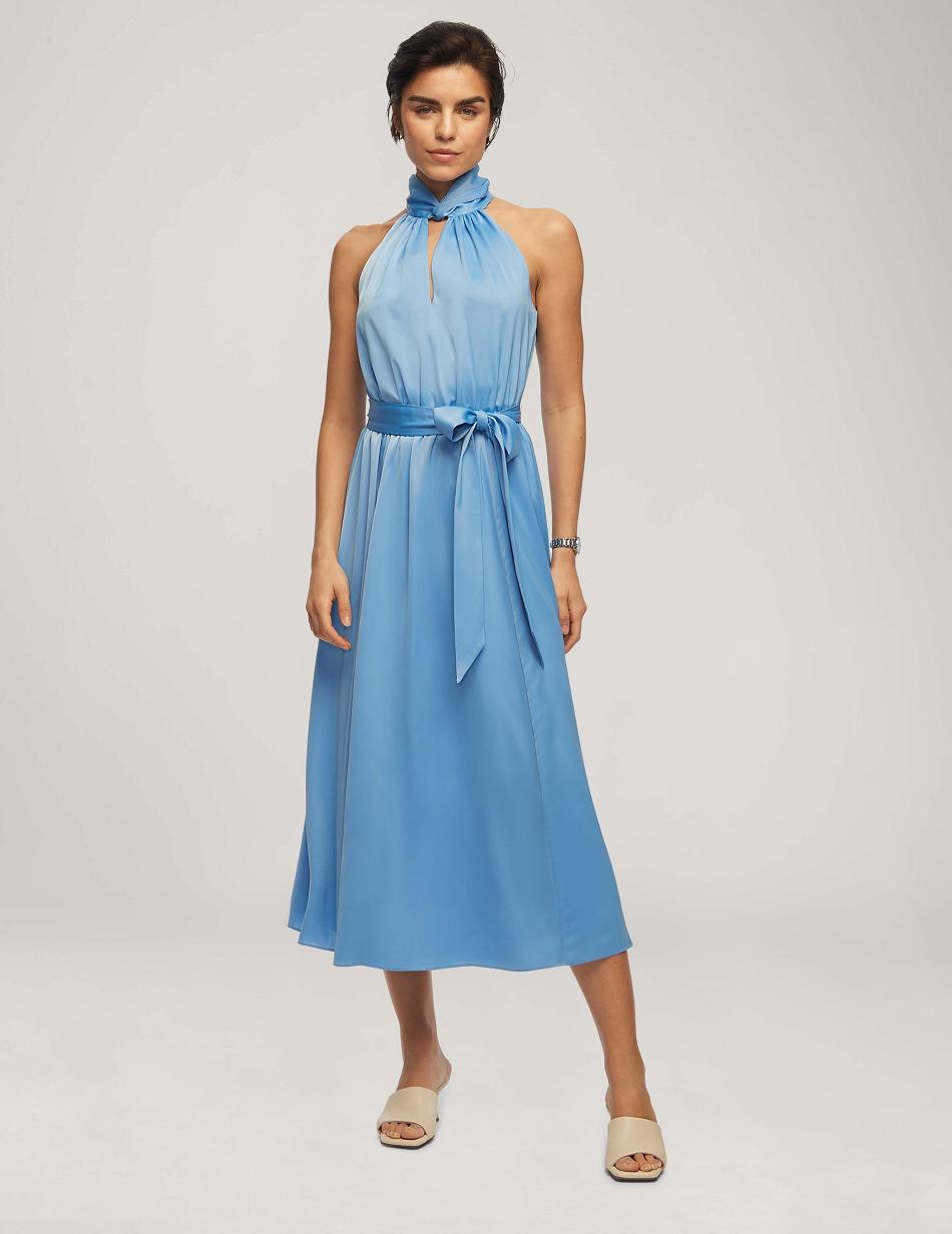 Anne Klein Twist Neck Halter Midi With Sash Dress Blue | AUJKU15562