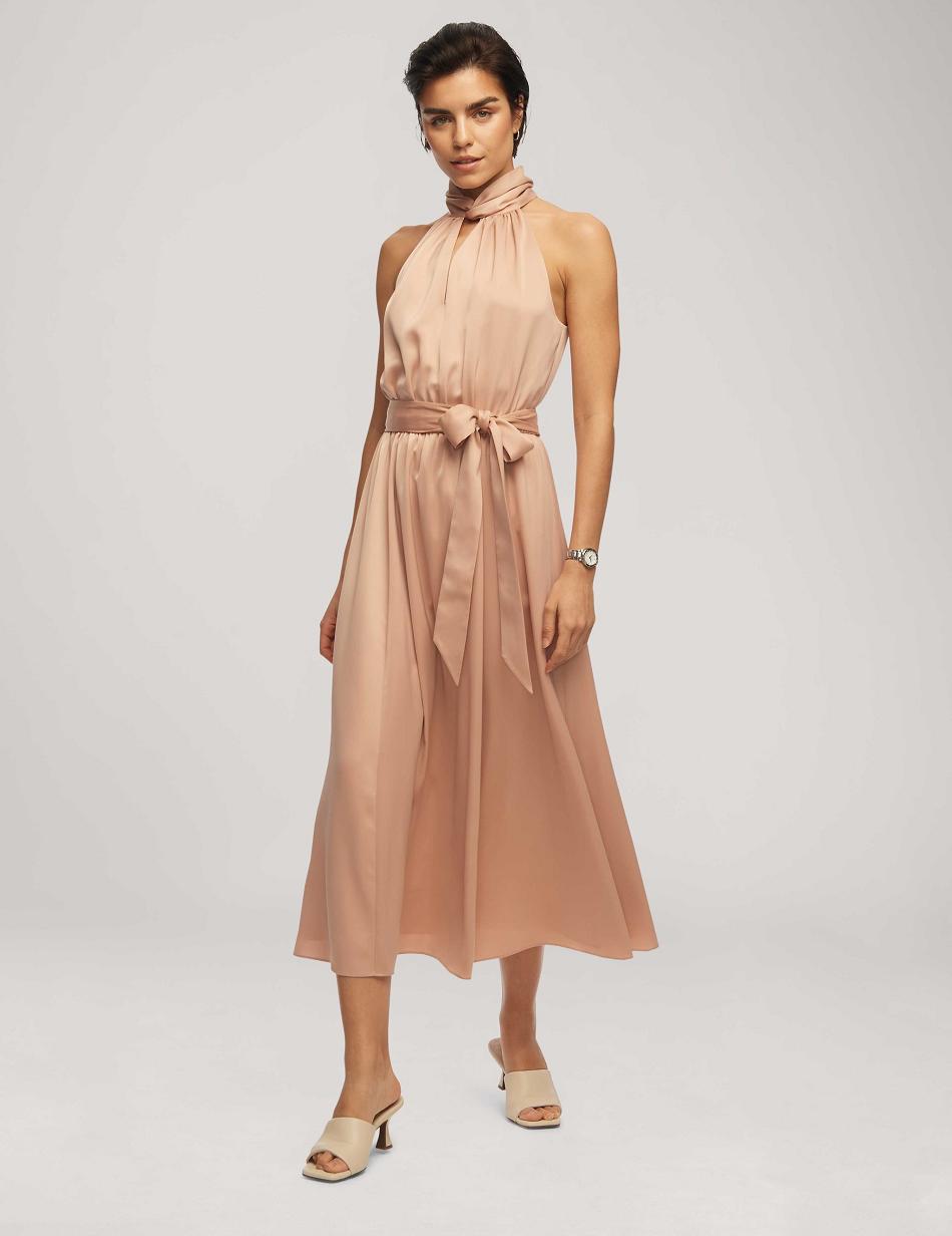 Anne Klein Twist Neck Halter Midi With Sash Dress Pink | GAUUC62919