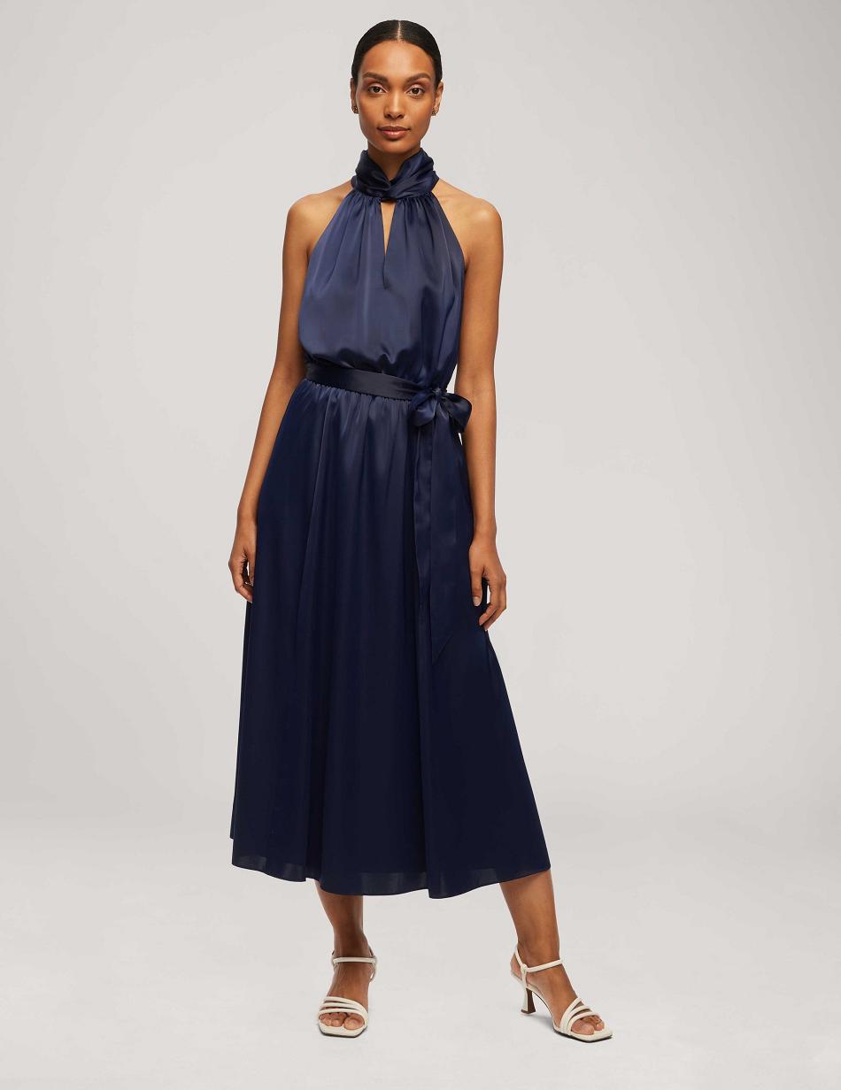 Anne Klein Twist Neck Halter Midi With Sash Dress Blue | XAUBH54086