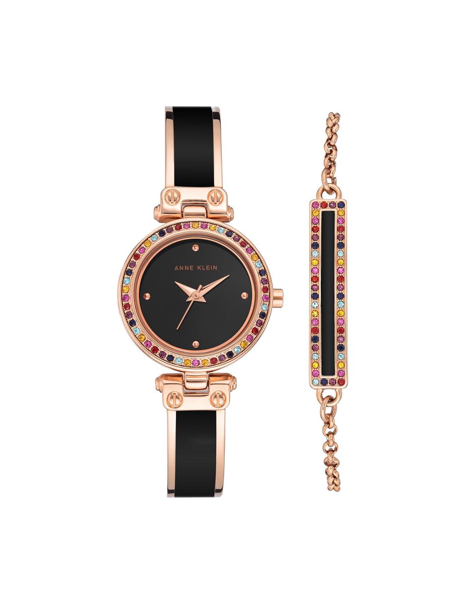 Anne Klein Watch and Bracelet with Premium Multicolored Crystals Sets Rose / Gold / Black | AAUDF15731